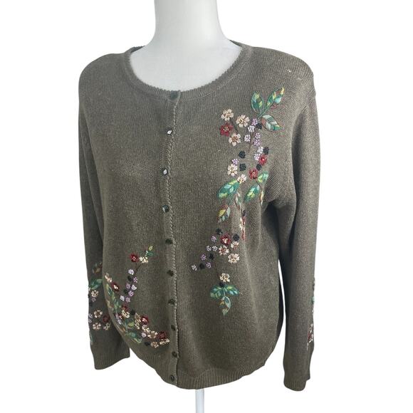 Tiara International Floral Embroidered Button Front Sweater Cottagecore Medium - Picture 4 of 11